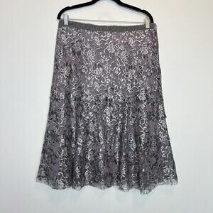 Sigrid Olsen metallic silver lace midi skirt tiered size 12 fairy whiimsygoth